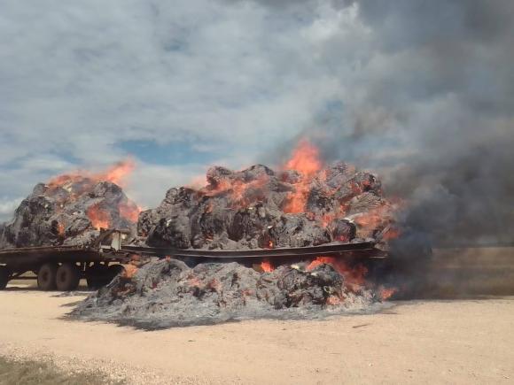 В Топчихинском районе на трассе загорелась телега с сеном