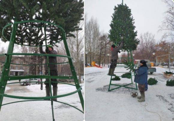 Новогоднюю елку начали устанавливать на аллее по улице Георгия Исакова